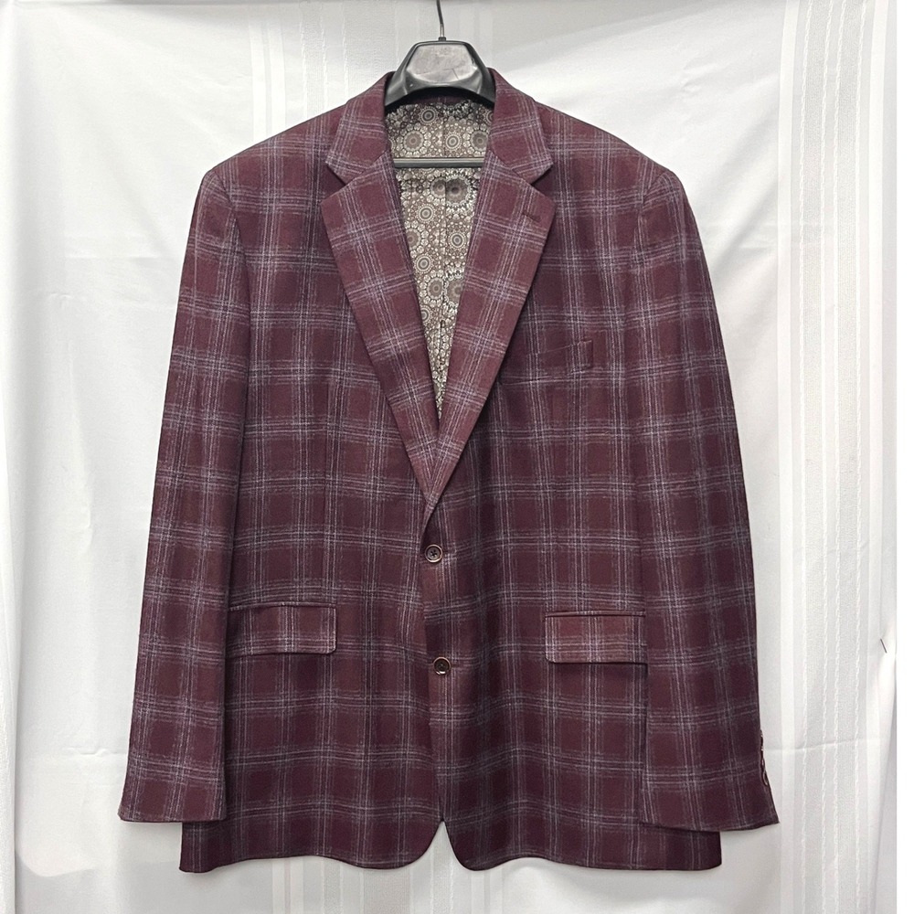 Burgundy Check Plaid Men Wool Sportcoat Blazer Wool 50L Preppy Tailored Heritage